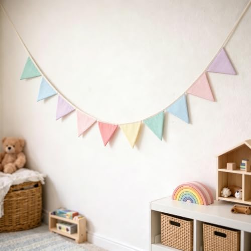 JUIIZAY Pennant Banner Flags Pastel Fabric Triangle Bunting Garland - Image 4