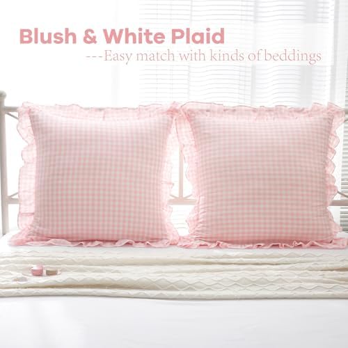 2 Pack Blush White Gingham Ruffle Throw Pillow Covers 22''x22'' - Image 2