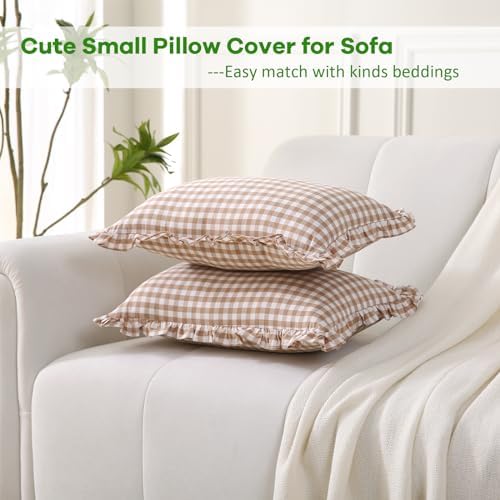 2 Pack Taupe Gingham Ruffle Lumbar Throw Pillow Shams 12''x20'' - Image 3