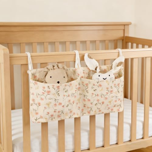 Baby Bedside Hanging Storage Bag Muslin Cotton Floral, Crib Diaper Caddy - Image 3