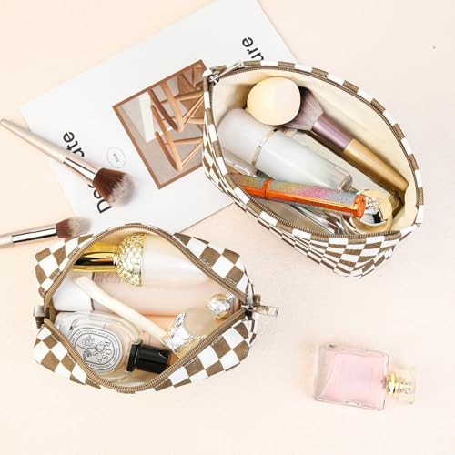 SOIDRAM 2 Pcs Checkered Makeup Bag Large Cosmetic Bag Toiletry Bag Makeup Pouch - Image 4