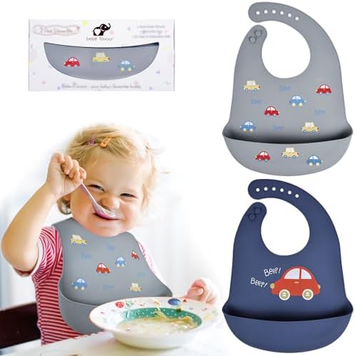 2 Pack Silicone Baby Bibs Adjustable Fit Waterproof Bib by BebeFavour