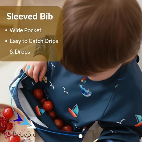Long Sleeve Baby Bib, Waterproof Fabric, Catch-All Pocket, Baby Smock Bib - Image 4