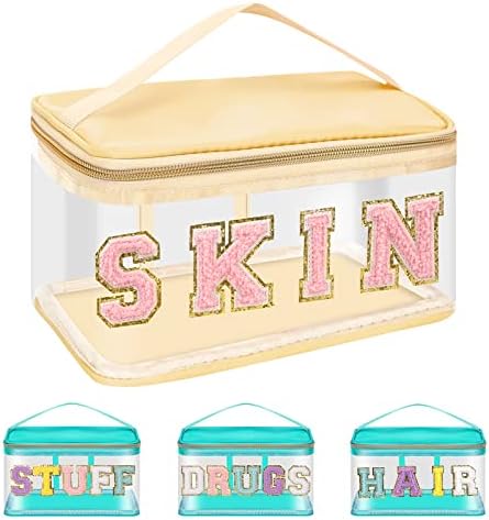 Iqimott Preppy Clear Makeup Bag Skin Pouch, Chenille Letter Cosmetic Bag by Iqimott