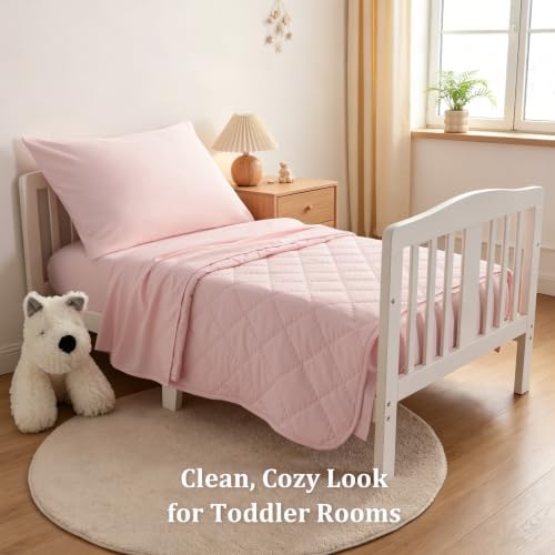 BEDSUM 4pc Toddler Cooling Bedding Set, Rayon Made from Bamboo, Light Pink - Image 2