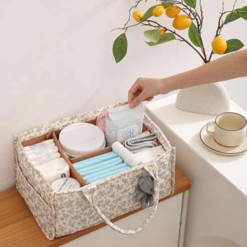 Quilted Fabric Storage Basket Floral Baby Diaper Caddy Quilted Basket Organizer - Image 3