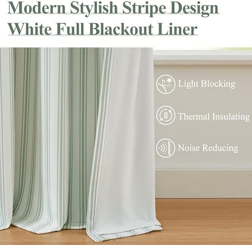 ZJDECOR Short Cotton Blend Green White Striped Blackout Curtains 63 Inch - Image 3