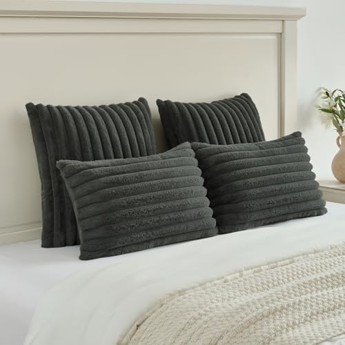 FUTEI Pack of 2 Faux Fur Throw Pillow Covers 24x24 Inch, Dark Grey - Image 5