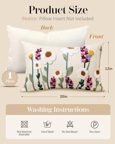 Embroidered Throw Pillow Cover, 20x12 Inch, Wildflower - Image 4