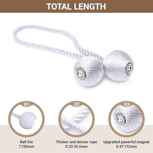 Hion Magnetic Curtain Tiebacks White 4 Pack, Curtain Tiebacks Buckles Holdbacks - Image 2
