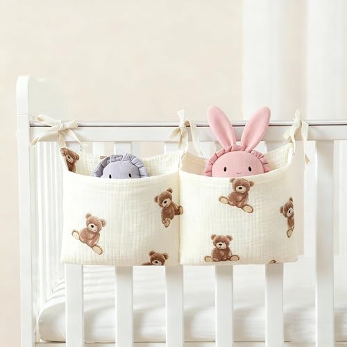 Baby Bedside Hanging Storage Bag Muslin Cotton Teddy Bear, Crib Diaper Caddy - Image 7