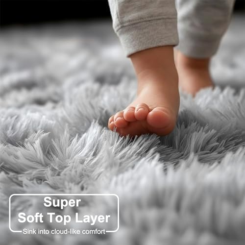 Amdrebio Tie-Dyed Light Grey Fluffy Large Rug 6x9 - Image 2