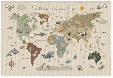 Wheatwin Playroom Decor, World Map Banner by Wheatwin
