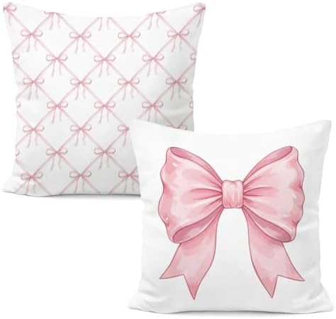 Coquette Pink Bow Pillow Covers 18x18, Coquette Room Decor, Preppy Chic Pink by Unknown