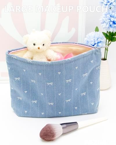 Flat Makeup Bag for Women, Zipper Cosmetic Pouch for Purse, Jean Light - Image 4