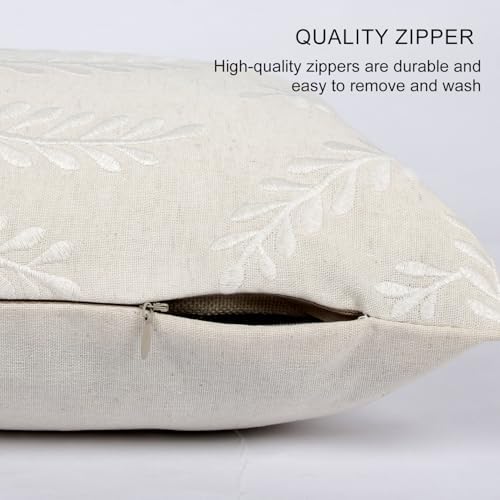 Embroidered Throw Pillow Cover 12x 20, Classical Boho Leaves Natural Linen - Image 5