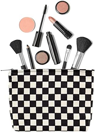 Flat Makeup Bag for Women, Zipper Cosmetic Pouch for Purse, Checkered Black - Image 3