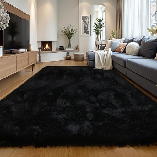 Black Fluffy 8x10 Large Area Rug, Soft Washable Shag Carpet by KICHOWUA