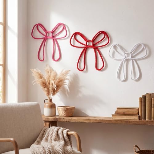 Wesiti 3 Pcs Bow Wall Decor Pink Red White Bow Nursery Decor 7.87-9.84 Knitted - Image 6