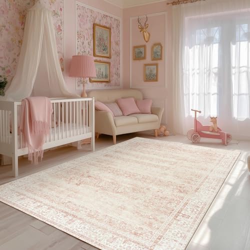 Light Pink Bedroom Rug 6x9 Vintage Boho Floral Low Pile Rugs by BILEEHOME