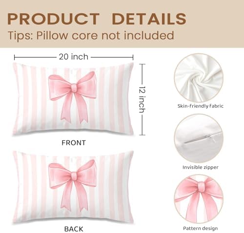 Coquette Pink Bow Pillow Covers 12x20, Coquette Room Decor, Preppy Pink Striped - Image 2