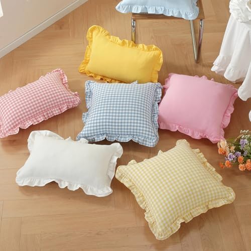 Set of 2 Light Pink and White Ruffle Lumbar Pillow Covers 12x20 Inch, Gingham - Image 6