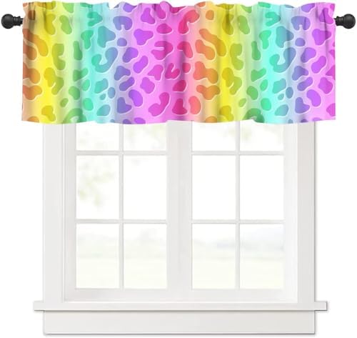 Rainbow Leopard Skin Valance, Colorful Neon Gradient Cheetah Dots Abstract by JanJCurt