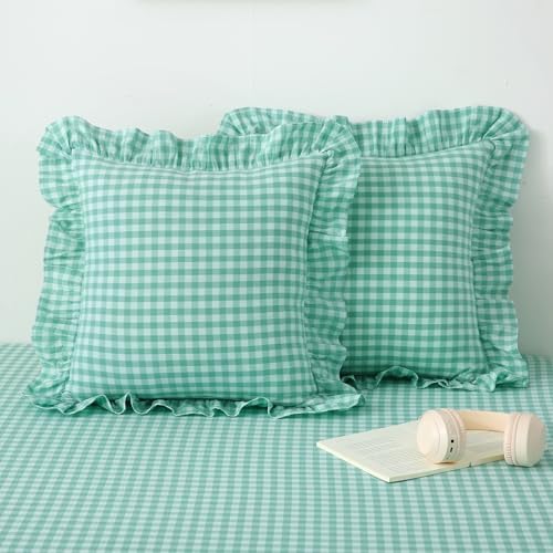2 Pack Spa Blue Gingham Ruffle Throw Pillow Covers 22''x22'' by KMASANIJI