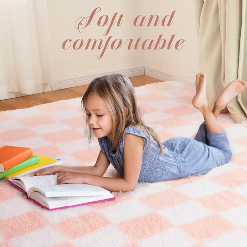 Super Soft Rug for Bedroom, 4x6 Ft Pink and White Area Rug Classic Checkered - Image 5