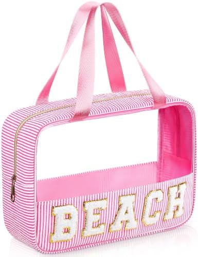 Sanwuta Seersucker Beach Bag Chenille Letter Clear Sunscreen Makeup Bag by Sanwuta
