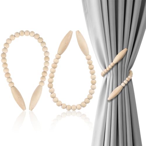 Wood Bead Curtain Tiebacks 2 Pack, No Drill Curtain Holdbacks by OCIOLI