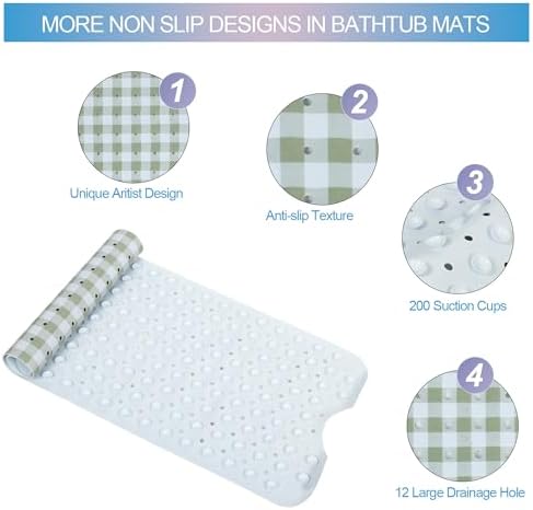 Green Bathtub Mat Non Slip 40x16 Inch Extra Long Bath Mat, Checkered Modern Art - Image 4