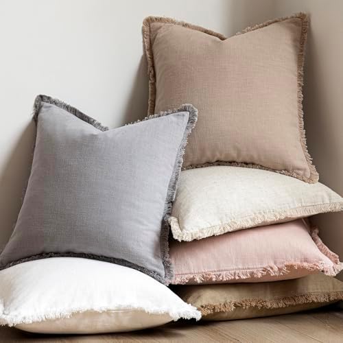 Foindtower Decorative Linen Fringe Throw Pillow Covers 20×20 Inch, Tan Beige - Image 6