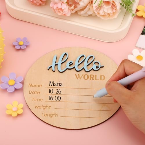 Baby Announcement Sign, Wooden Hello World Newborn Signs Birth Name Sign - Image 3