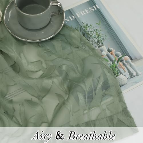 Lecloud Leia Sage Green Sheer Curtains 16 Inch Length 2 Pcs, Jacquard Leaf - Image 2