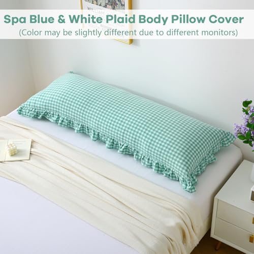 Spa Blue White Gingham Ruffle Body Pillow Cover 20"x54" - Image 2