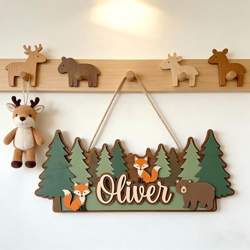 Personalized Kids Name Sign Wooden Forest Animal Wall Decor, Custom Baby Name by Custom