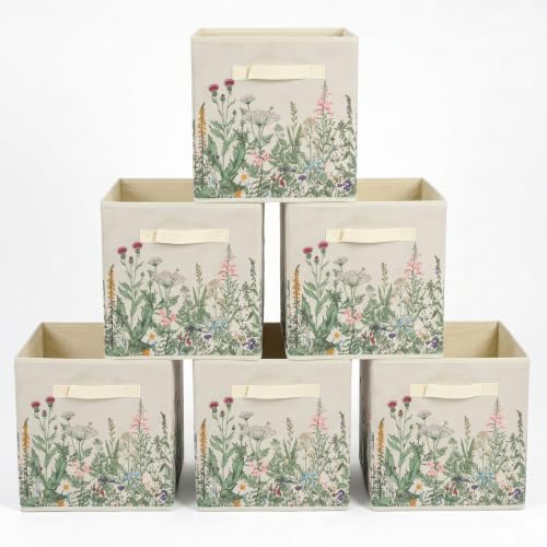 6 Pcs Wild Floral Cube Storage Bins 12.5 Inch Flower Storage Basket by BBSET