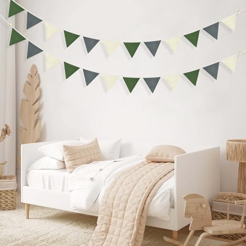 2 Sets of Green Grey Beige Banner Garland 24Pcs Woodland Fabric Linen Pennant - Image 5