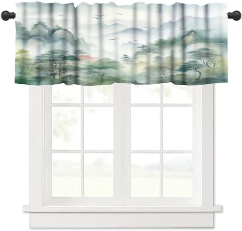 Forest Kitchen Valance Curtain, Watercolor Style Nature Woodland Green Forest by LOMADIA