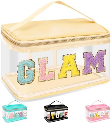 Chenille Letter Clear Makeup Bags Glam Pouch, Preppy Patch Makeup Bag Zipper by izuzta