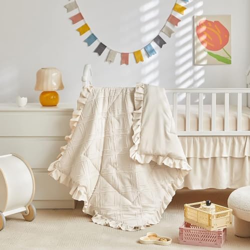 Mini Crib Bedding Set 3 Pieces Baby Boho Quilted Tufted Ruffles Comforter - Image 2