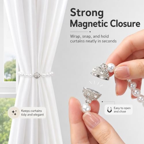 Pearl Bow Magnetic Curtain Tiebacks 2 Pack, No Drill Curtain Holdbacks - Image 3