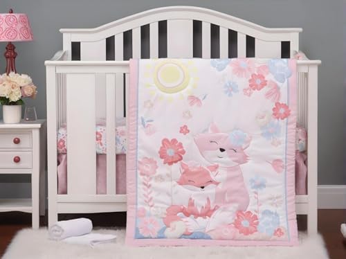 Animals 3pcs Baby Crib Bedding Set Pink Nursery Bedding Set by JHLCARPET