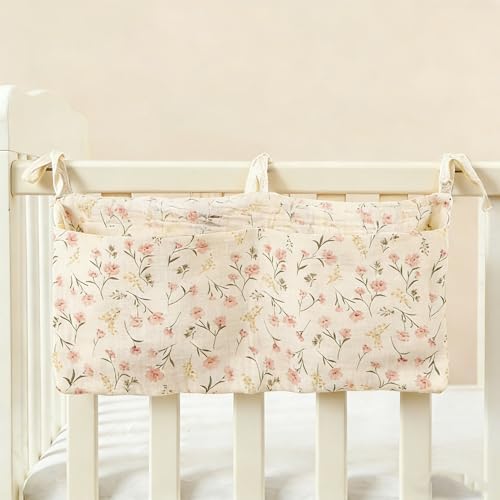 Baby Bedside Hanging Storage Bag Muslin Cotton Floral, Crib Diaper Caddy - Image 4