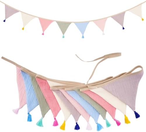 Pre-Strung Cotton Fabric Bunting Banner, 9Ft Morandi Triangle Pennant Banner by G2PLUS