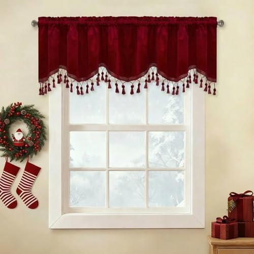 StangH Red Tassel Christmas Velvet Valances Curtains 52x18 Inch, 2 Panels by StangH