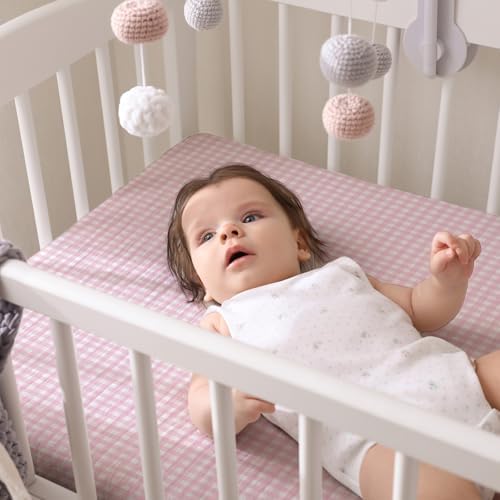 Breling 2 Pcs Muslin Pink and Pink Gingham Crib Sheets - Image 5