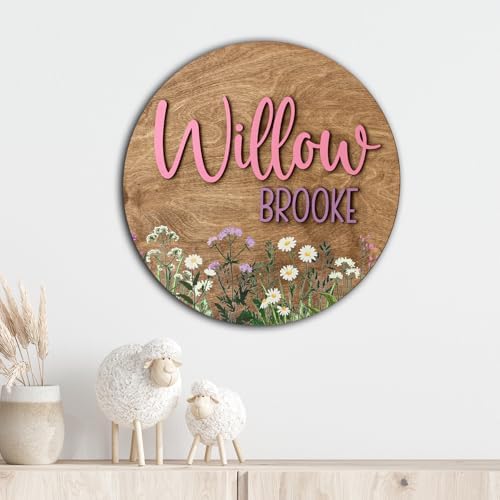 Personalized Wooden Name Sign, Custom Wildflower Nursery Sign, Round Name Sign by IZI+POD