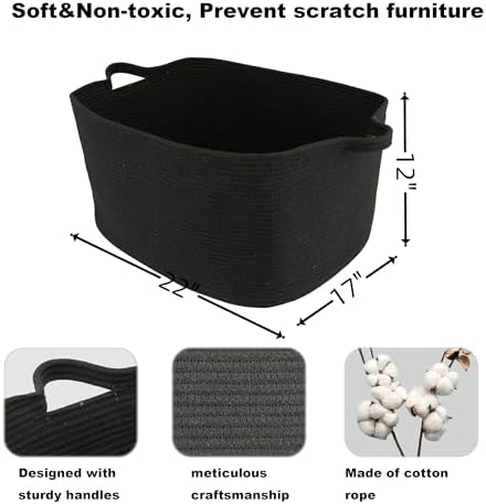 XUANGUO Large Rectangle Woven Cotton Rope Blanket Basket 22"x17"x12" Black - Image 2